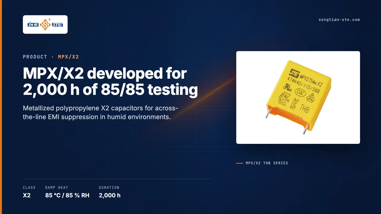STE introduces an MPX/X2 film capacitor rated for 2,000 hours of 85/85 testing